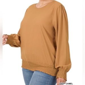 PLUS, Smocked Crepe Blouse, deep camel
